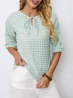  Mint Green Casual Gingham Women Tops, Blouses  Tee 5388