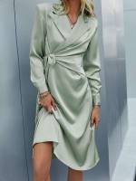 Lapel Regular Fit Wrap Knee Length Women Dresses 712