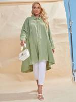 Regular Fit Collar Long Mint Green Plus Size Blouses 5817