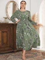 Shirred Three Quarter Length Sleeve Regular Fit Floral Plus Size Dresses 488