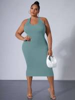  Halter Backless Plain Plus Size Dresses 356