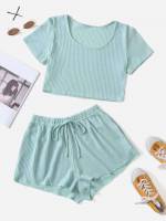 Mint Green Short Sleeve Scoop Neck Women Two-piece Outfits 5170