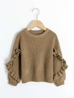 Regular Mocha Brown Plain Ruffle Toddler Girls Knitwear 6090