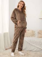 Button Long Sleeve Hooded Maternity Loungewear 4532