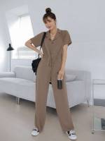  Lapel Long Mocha Brown Women Jumpsuits 463