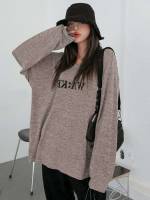 Mocha Brown Letter Oversized Long Sleeve Women Tops, Blouses  Tee 747