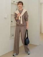 Long Sleeve Plain Mocha Brown Casual Women Knitwear 9625