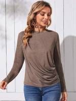 Mocha Brown Regular Boat Neck Casual Women Clothing 2378