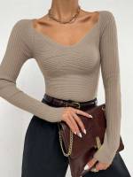 Plain Regular Mocha Brown Women Sweaters 6856