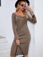  Sweetheart Long Sleeve Plain Women Sweater Dresses 3047