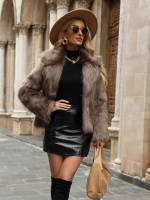 Collar Elegant Regular Fit Plain Women Faux Fur Coats 9598