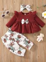 Ruffle Round Neck Long Sleeve Multicolor Baby Sets 213