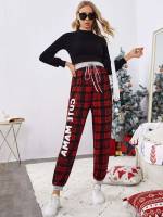 Plaid Multicolor Drawstring Maternity Bottoms 7041