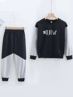 Letter Long Sleeve Multicolor Patched Boys Two-piece Outfits 598