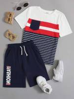 Multicolor Striped Drawstring Short Sleeve Boys Clothing 375