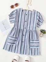 Striped Round Neck Regular Fit Pocket Girls Blouses 7555