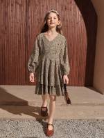 Midi Casual V neck Girls Dresses 7462