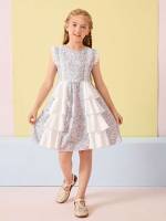 Knee Length Floral Ruffle Round Neck Girls Dresses 276