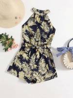 Halter Tropical Belted Girls Jumpsuits 9801