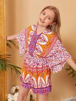 Regular Fit Three Quarter Length Sleeve V neck Boho Girls Clothing 3919