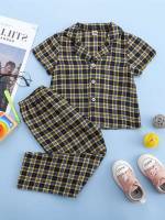 Short Sleeve Plaid Lapel Underwear  Sleepwear 3129