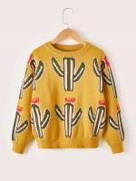 Regular Fit Long Sleeve Plants Multicolor Girls Sweaters 3764