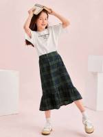 Multicolor Round Neck Short Sleeve Plaid Girls Two-piece Outfits 550