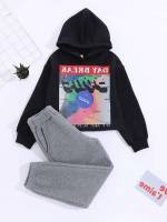 Long Sleeve Hooded Casual Multicolor Girls Two-piece Outfits 3982