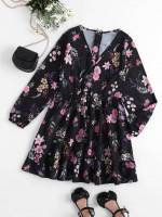 V neck Floral Ruffle Hem Regular Fit Girls Dresses 124