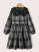 Casual Ruffle Hem Plaid Long Sleeve Girls Dresses 109