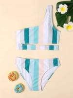 One Shoulder Striped Multicolor Girls Beachwear 658