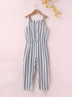 Button Striped Spaghetti Strap Sleeveless Girls Clothing 2158