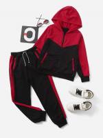 Colorblock Hooded Drawstring Boys Two-piece Outfits 3174