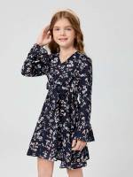 Multicolor V neck Long Sleeve Wrap Girls Dresses 6465