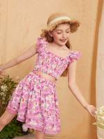 Floral Ruffle Multicolor Square Neck Girls Two-piece Outfits 716