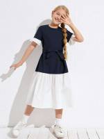 Round Neck Cute Colorblock Regular Fit Girls Clothing 896