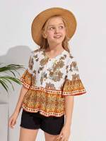 Floral Ruffle Round Neck Girls Clothing 760