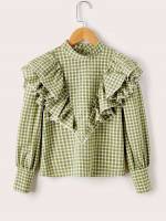 Gingham Regular Ruffle Long Sleeve Kids Clothing 5279