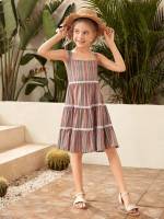 Striped Boho Contrast Lace Knee Length Girls Dresses 208