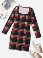 Plaid Square Neck Long Sleeve Slim Fit Girls Clothing 4431