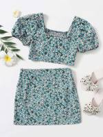 Ditsy Floral Regular Fit Multicolor Short Sleeve Girls Two-piece Outfits 814