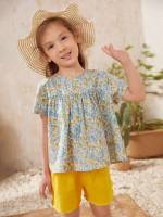 Multicolor Button Short Sleeve Round Neck Toddler Girls Clothing 4370