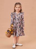 Long Sleeve Floral Round Neck Ruffle Toddler Girl Dresses 826