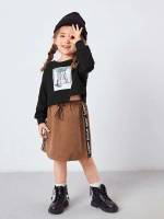 Drawstring Long Sleeve Regular Fit Toddler Girl Two-piece Outfits 9247