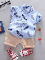 Patched Short Sleeve Multicolor Stand Collar Toddler Boys Clothing 7323