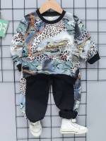 Casual Regular Fit Round Neck Leopard Toddler Boy Two-piece Outfits 4007