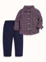 Long Sleeve Collar Preppy Toddler Boy Two-piece Outfits 7948