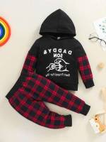 Hooded Regular Fit Plaid Long Sleeve Toddler Boy Two-piece Outfits 1183