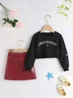 Letter Long Sleeve Cut Out Regular Fit Toddler Girl Two-piece Outfits 405