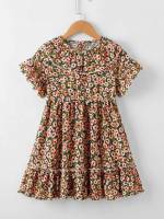  Round Neck Short Sleeve Floral Toddler Girl Dresses 435